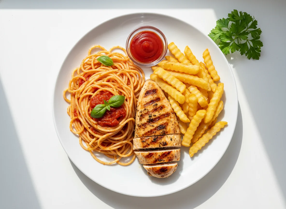 Chicken and Spaghetti with Fries photo