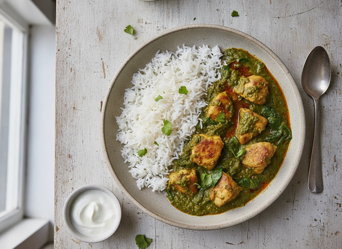 Chicken and Spinach Curry with White Rice photo