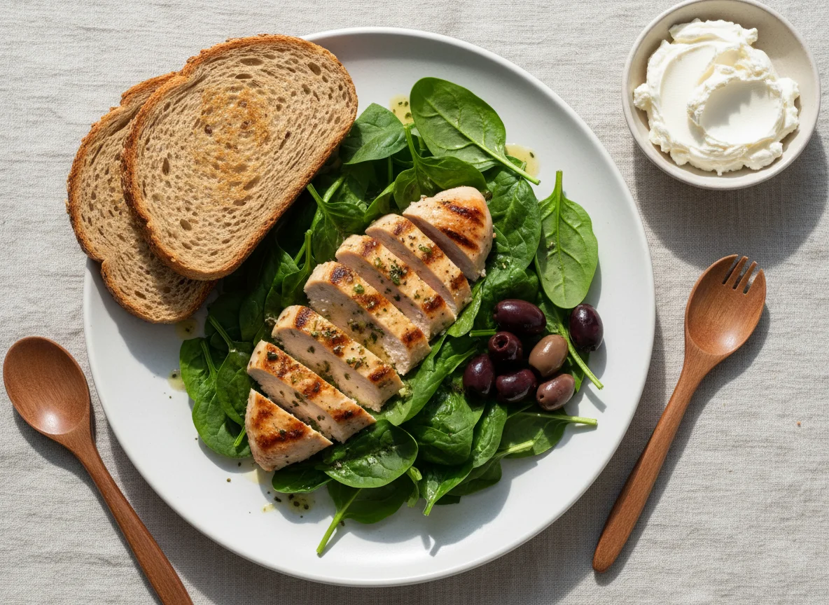 Chicken and Spinach Salad with Bread and Cream Cheese photo