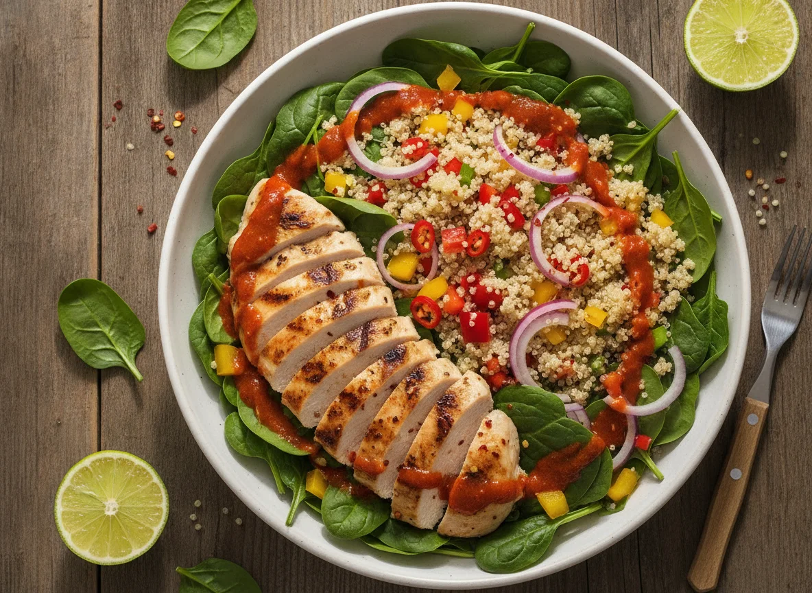 Chicken and Spinach Salad with Quinoa and Spicy Dressing photo