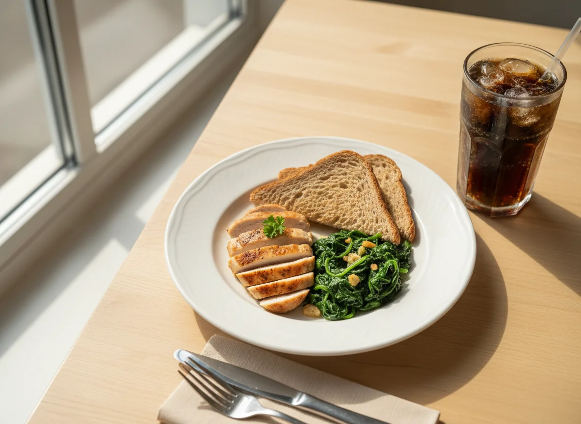 Chicken and Spinach with Toast and Soda photo