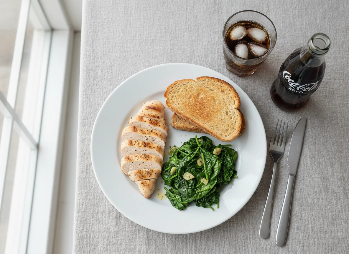 Chicken and Spinach with Toast and Zero Cola photo