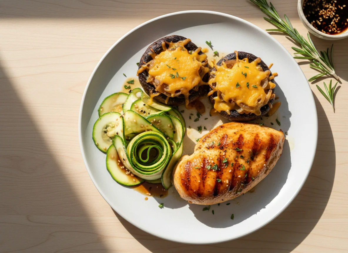 Chicken and Stuffed Mushrooms with Zucchini Salad photo