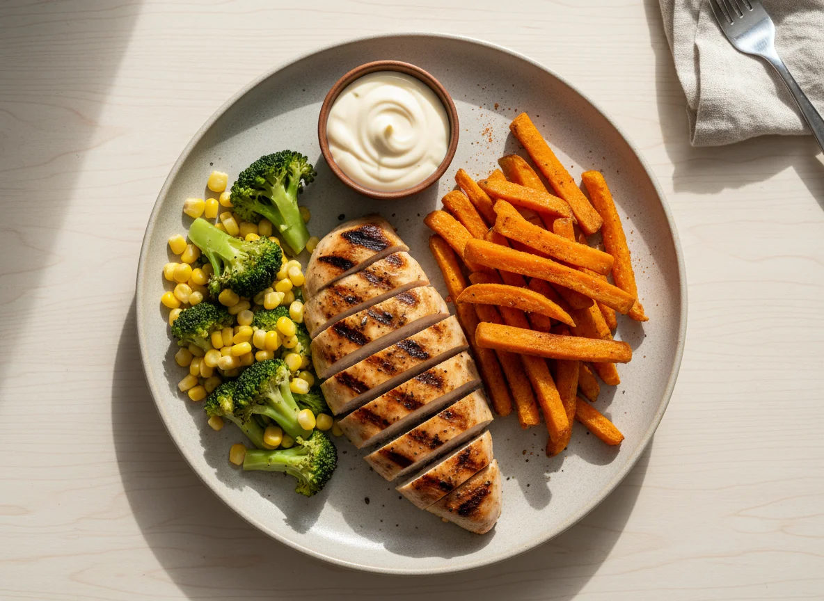 Chicken and Sweet Potato Fries with Vegetables photo