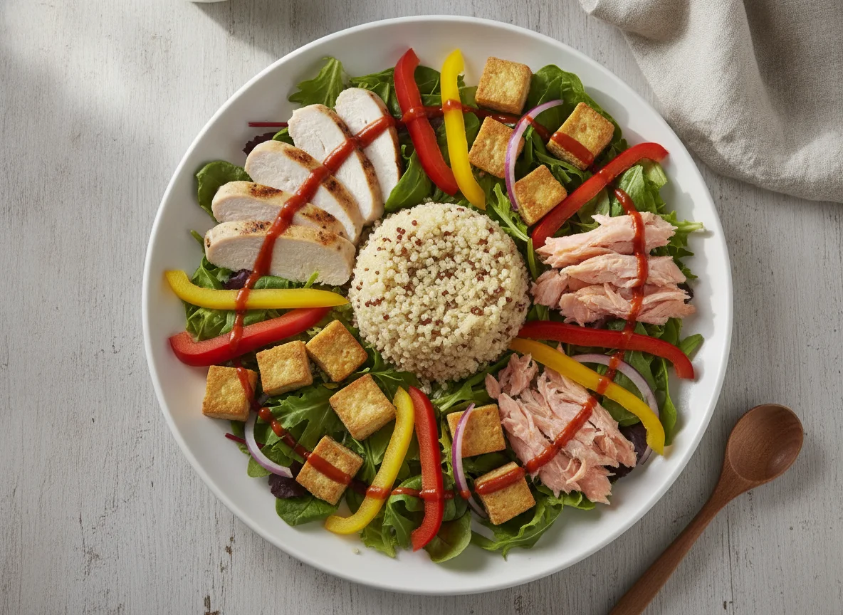 Chicken and Tofu Salad with Salmon and Quinoa photo