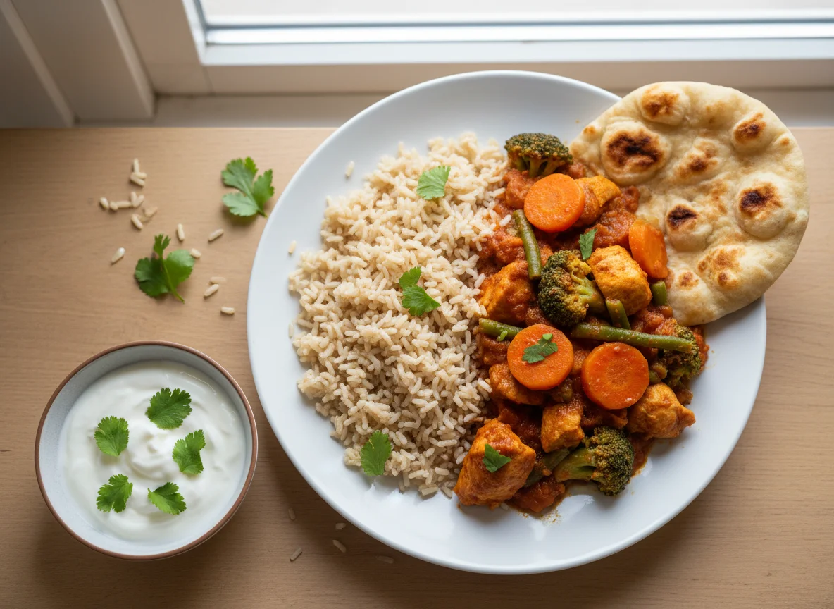 Chicken and Vegetable Curry with Brown Rice and Naan photo