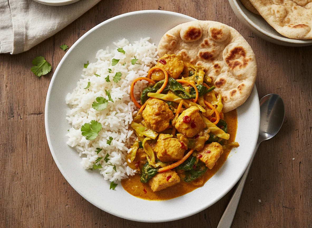 Chicken and Vegetable Curry with Rice and Bread photo