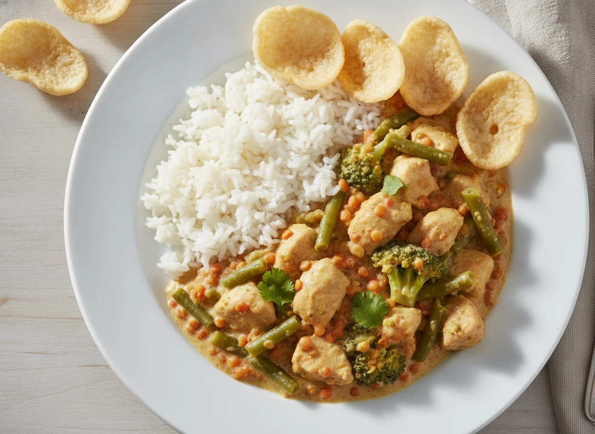 Chicken and Vegetable Curry with Rice and Prawn Crackers photo