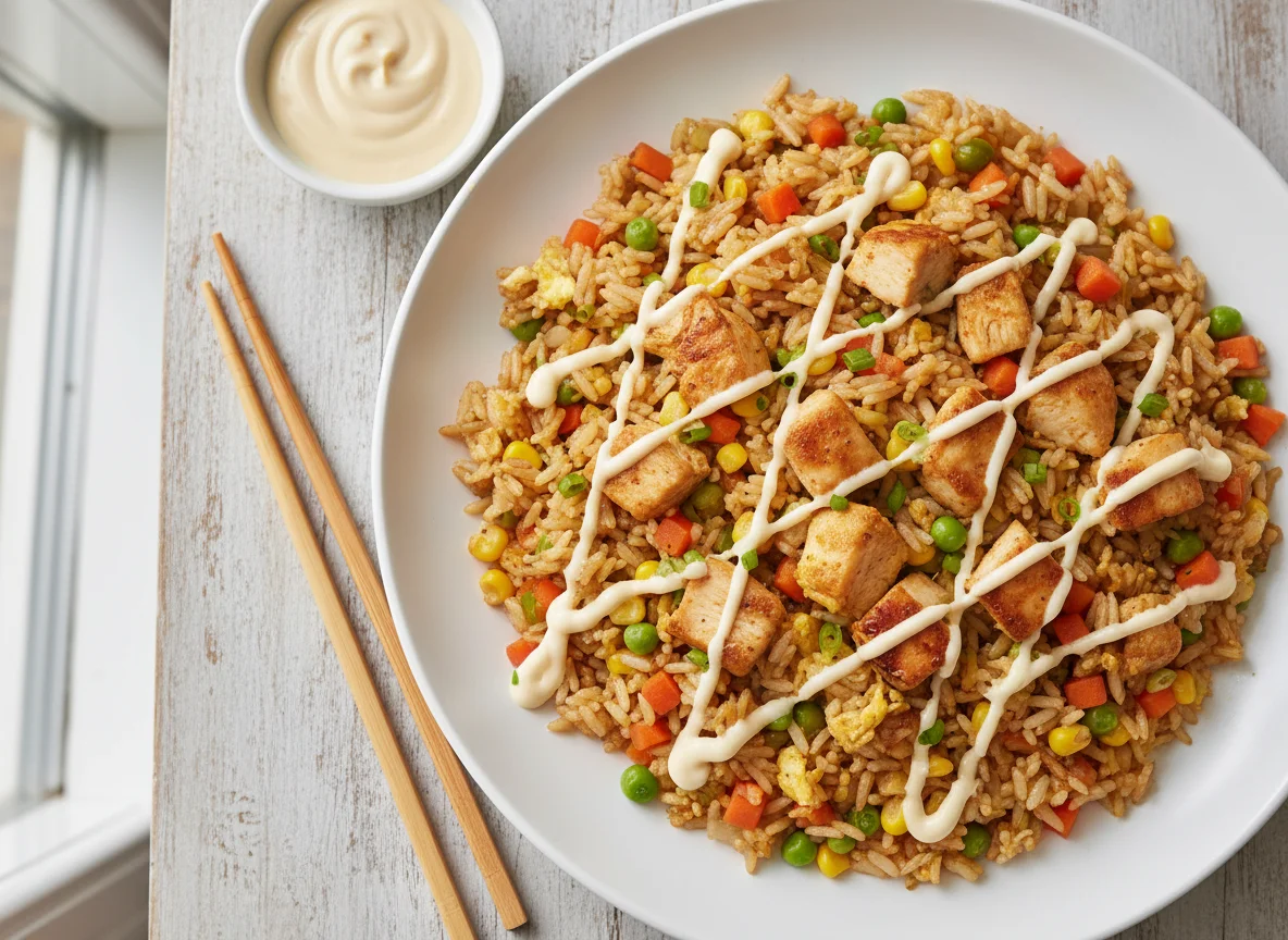 Chicken and Vegetable Fried Rice with Chicken Cubes and Sauce photo