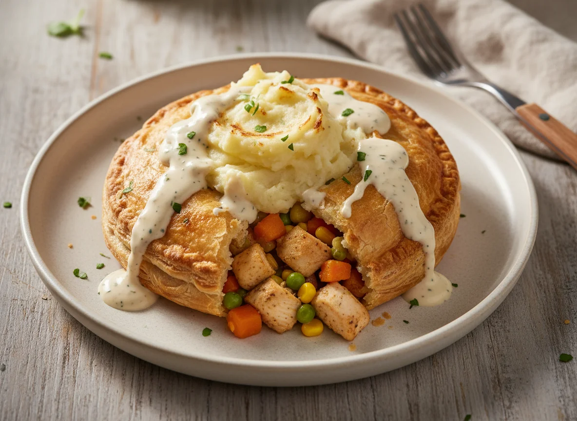 Chicken and Vegetable Pie with Mashed Potato and Nando's Garlic Sauce photo