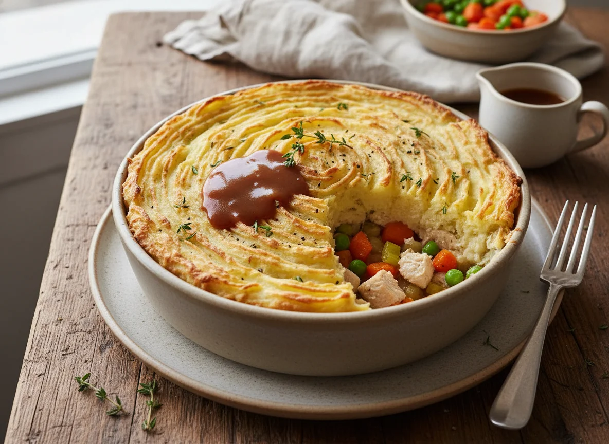 Chicken and vegetable pie with mashed potato topping and gravy photo