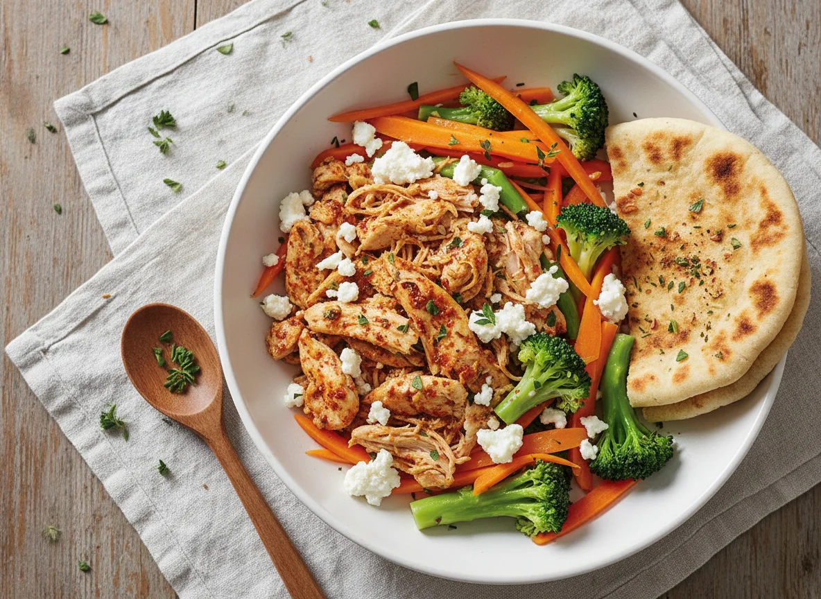 Chicken and vegetable plate with flatbread photo