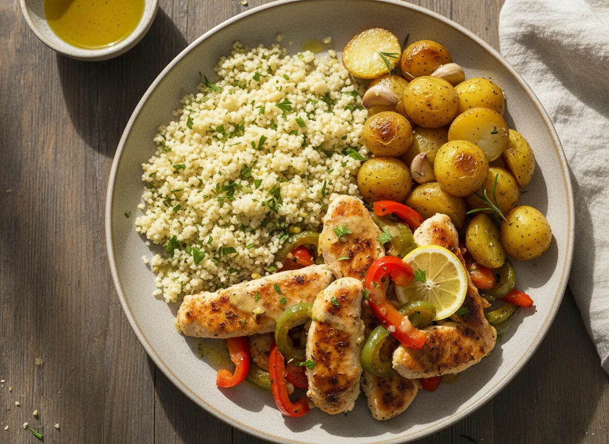 Chicken and Vegetable Plate with Potatoes and Couscous photo