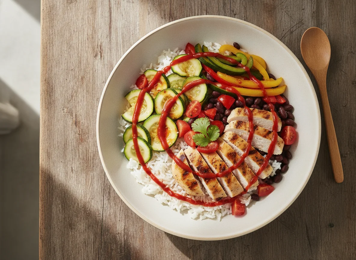 Chicken and Vegetable Rice Bowl with Sriracha photo