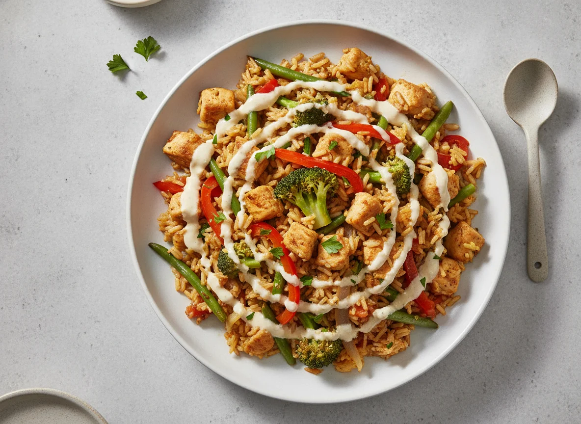 Chicken and Vegetable Rice Stir-fry with Creamy Sauce photo