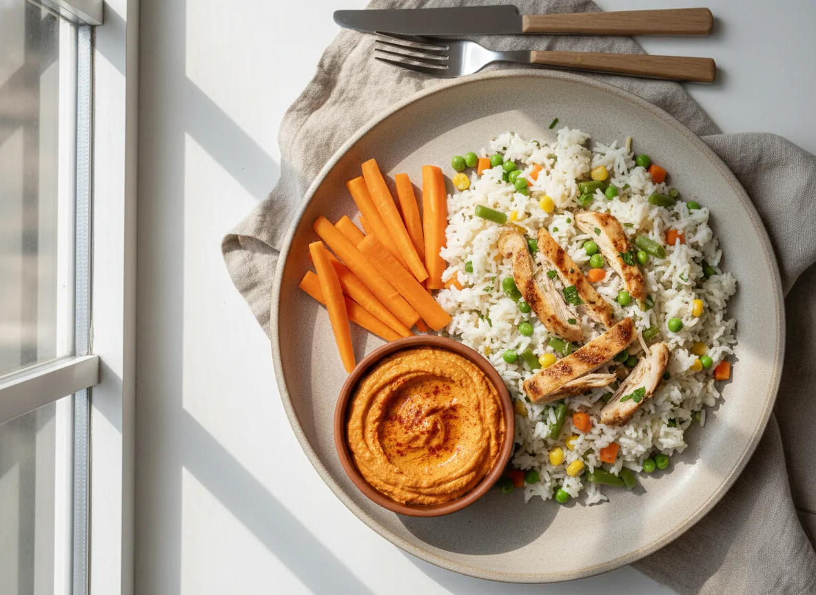 Chicken and Vegetable Rice with Carrot Sticks and Dip photo