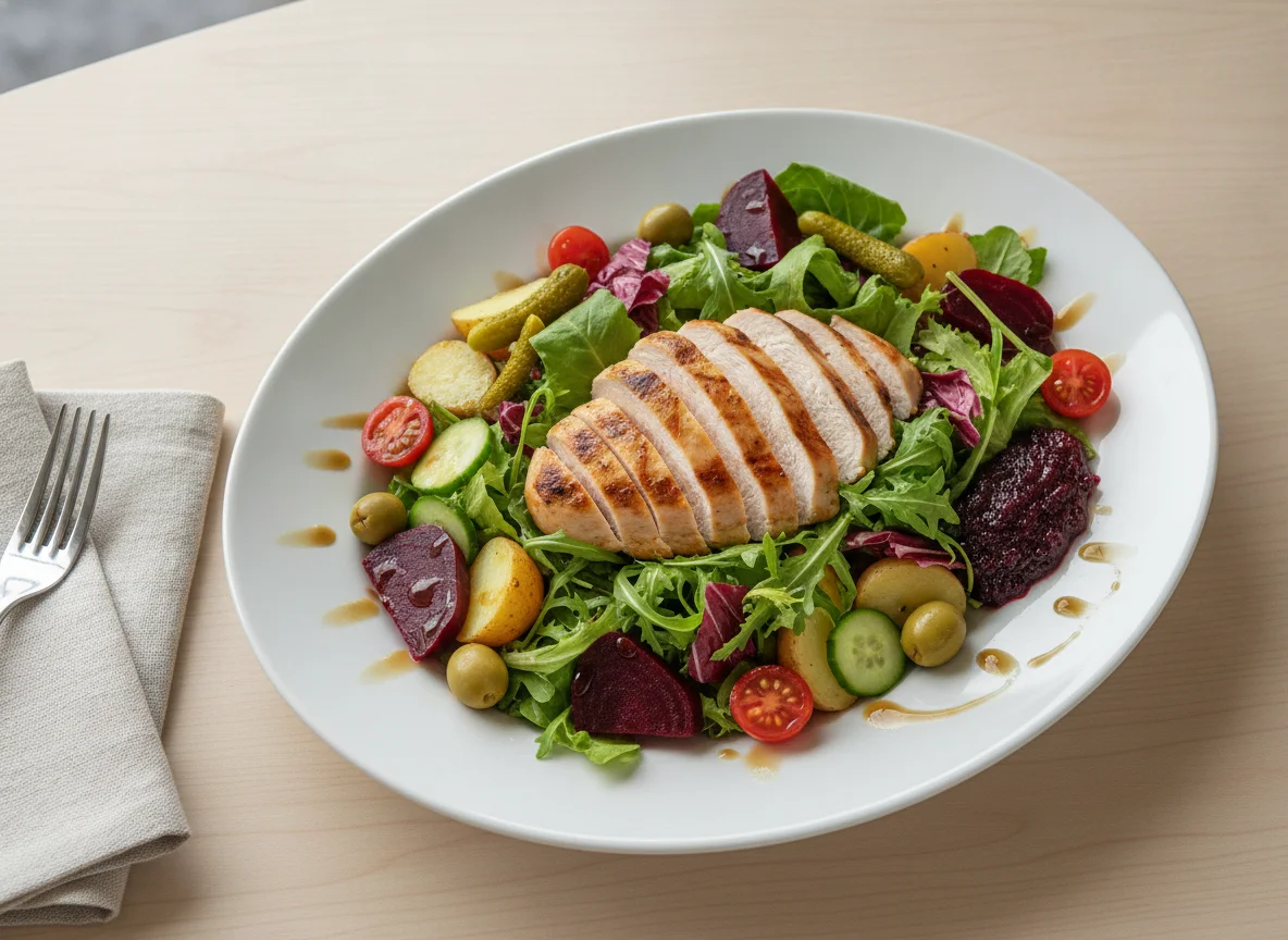 Chicken and Vegetable Salad with Beetroot and Pickles photo