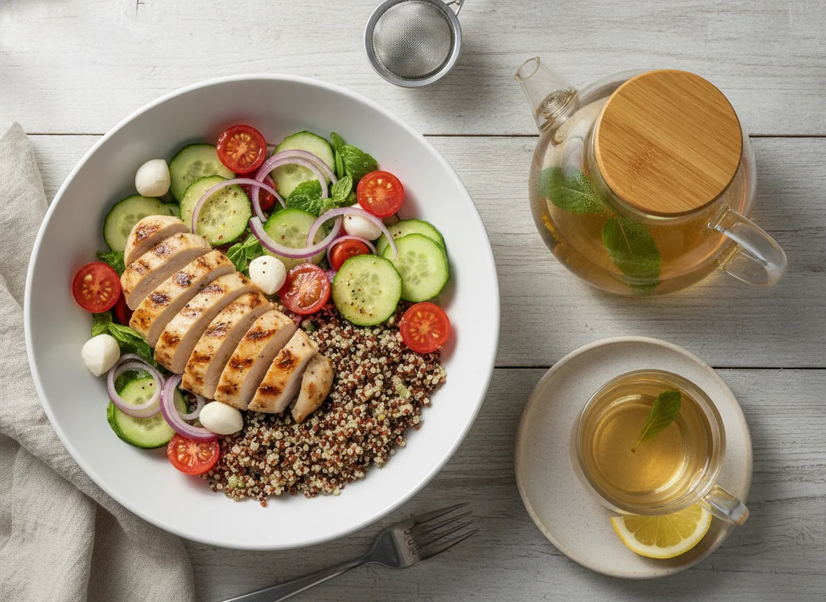 Chicken and Vegetable Salad with Quinoa and Tea photo