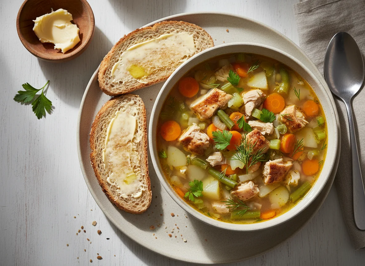 Chicken and Vegetable Soup with Buttered Bread photo
