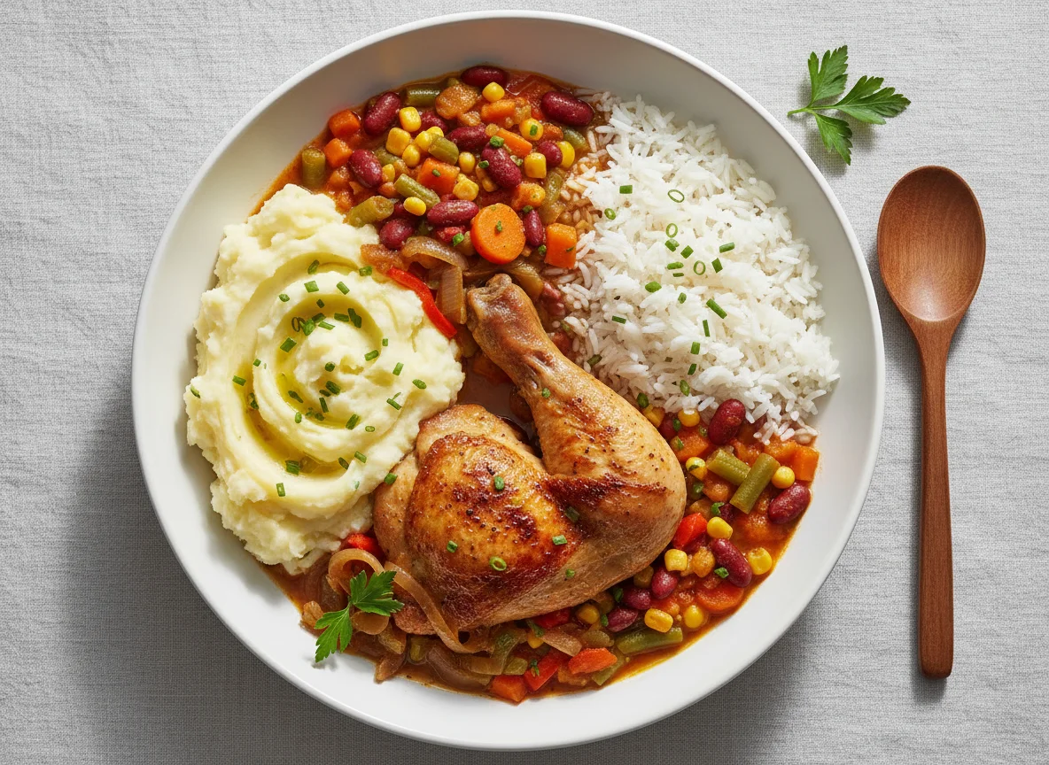 Chicken and Vegetable Stew with Mashed Potatoes and Rice photo