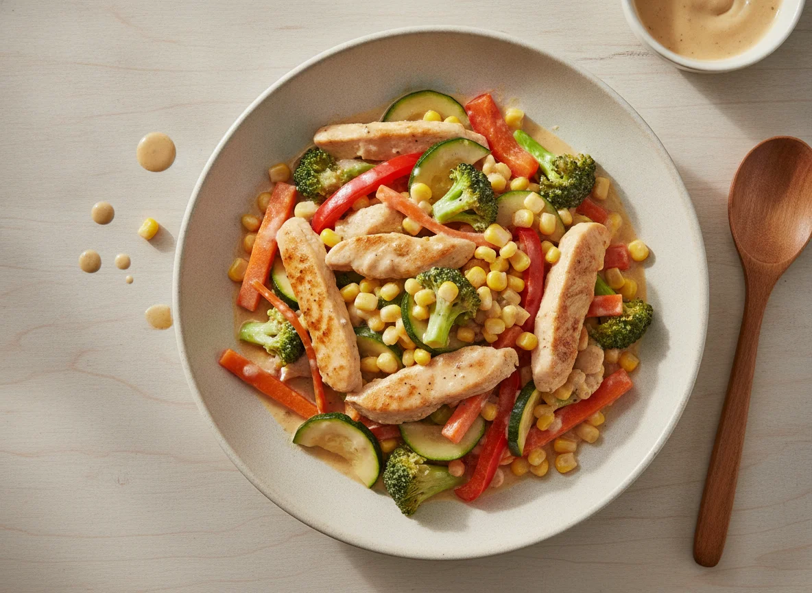 Chicken and vegetable stir-fry with corn and broccoli photo