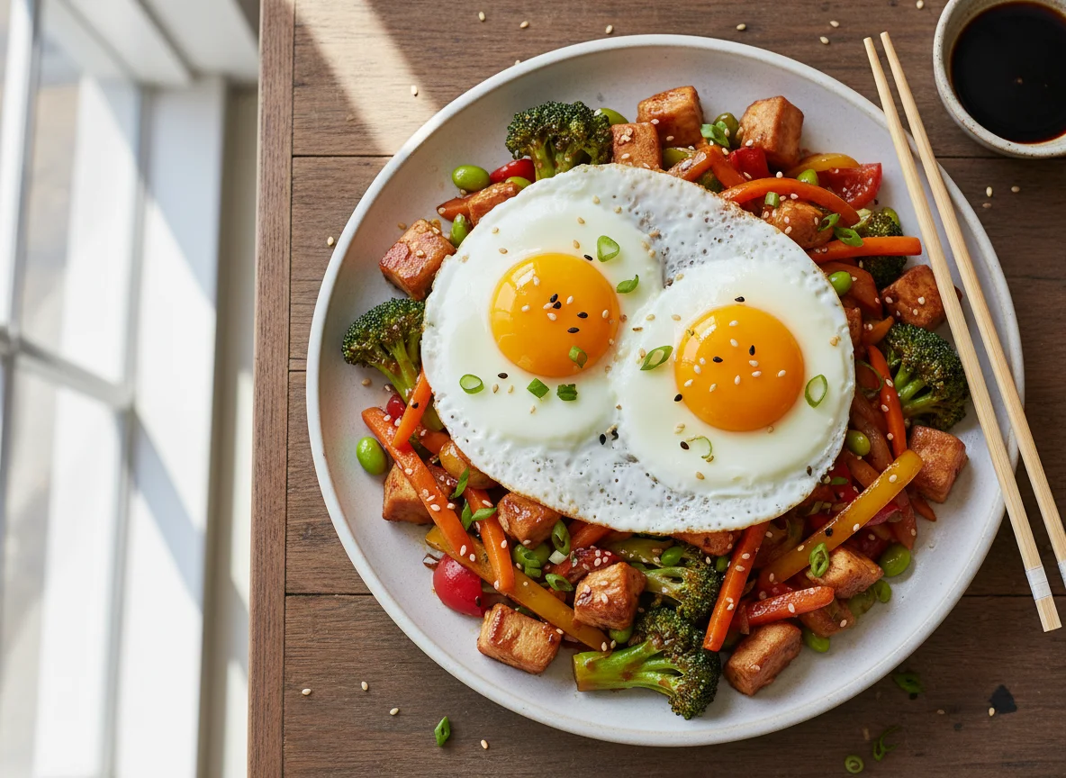 Chicken and Vegetable Stir-fry with Fried Eggs photo