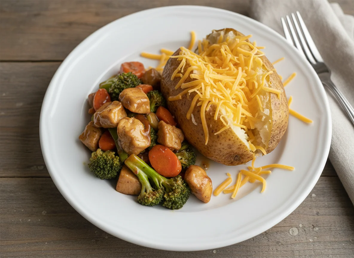 Chicken and Vegetable Stir-fry with Jacket Potato and Cheese photo
