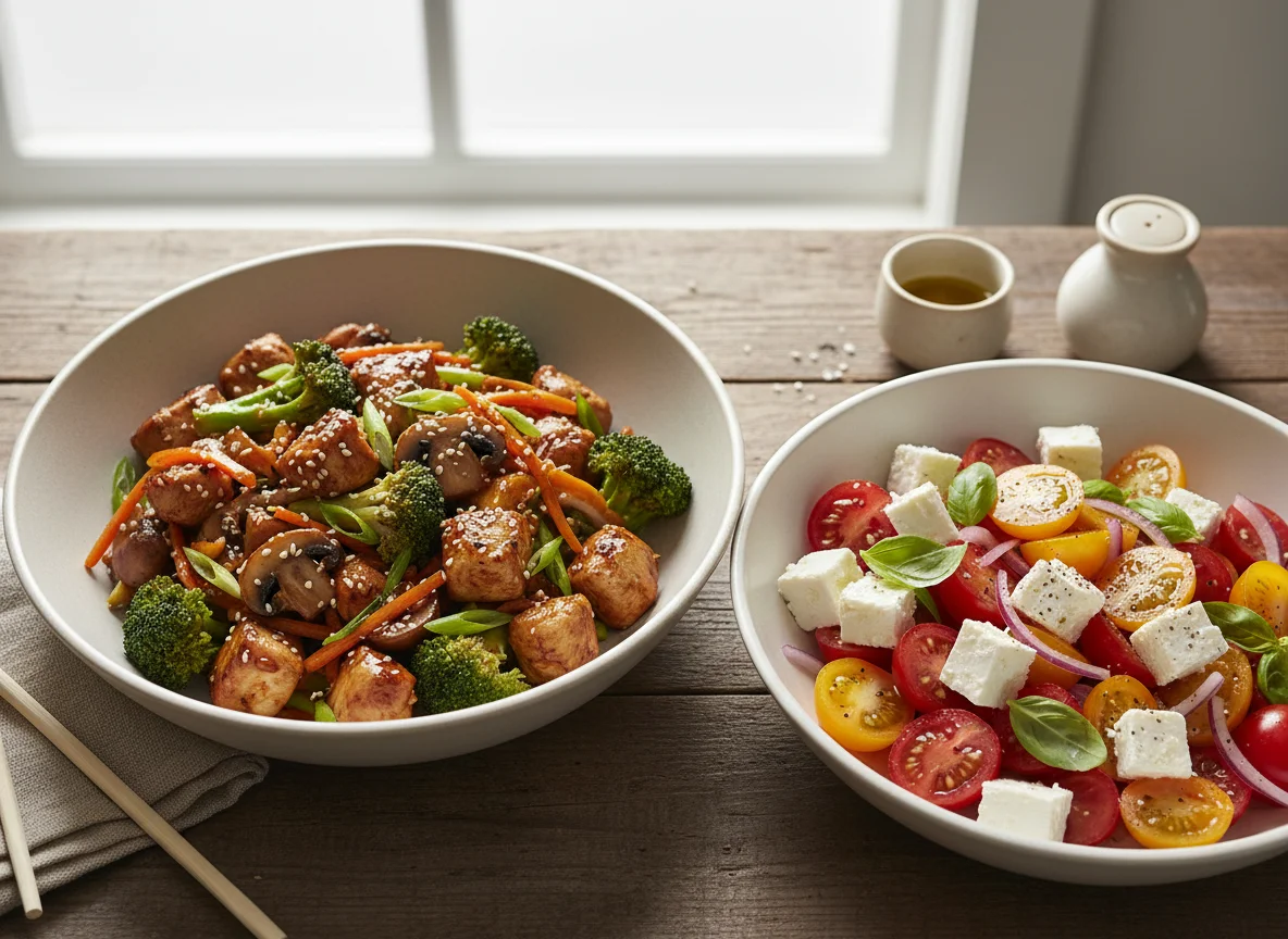 Chicken and Vegetable Stir-fry with Tomato and Feta Salad photo