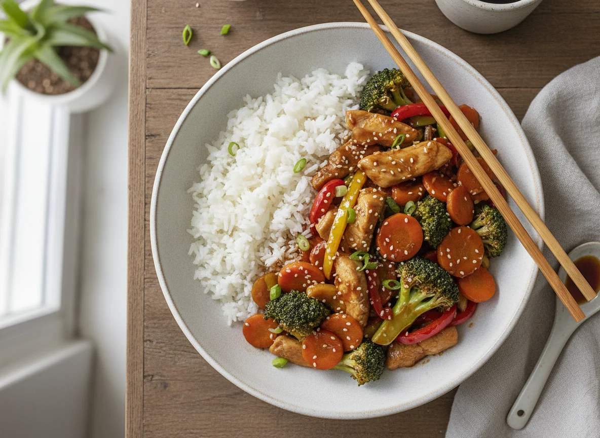 Chicken and Vegetable Stir-fry with White Rice photo