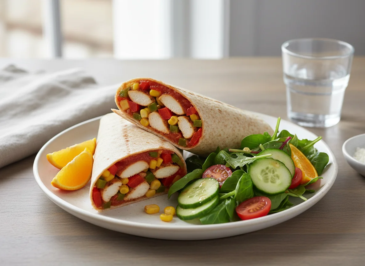 Chicken and Vegetable Wrap with Side Salad and Oranges photo