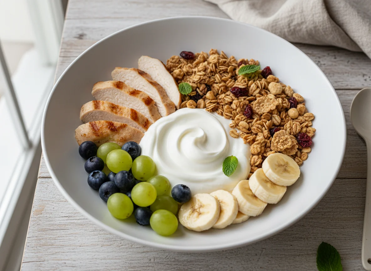 Chicken and Yogurt Bowl with Fruit and Cereal photo
