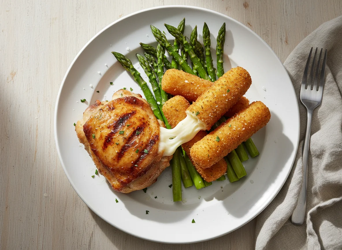 Chicken, Asparagus, and Fried Cheese Sticks photo