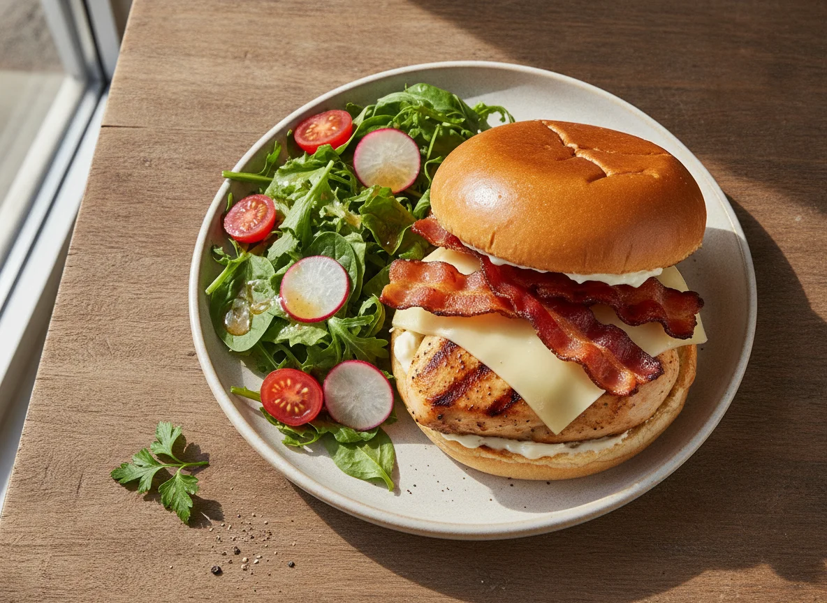 Chicken Bacon Swiss Sandwich with Side Salad photo