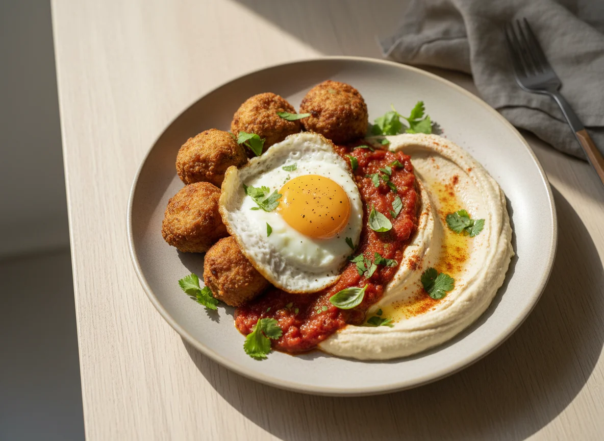 Chicken balls with egg and tomato sauce photo