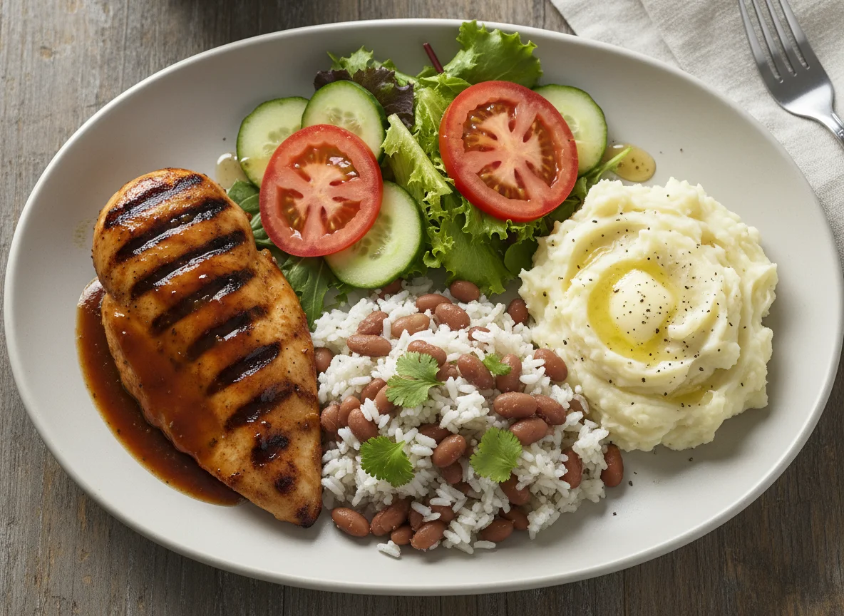 Chicken, Beans, Mashed Potatoes, and Salad Plate photo