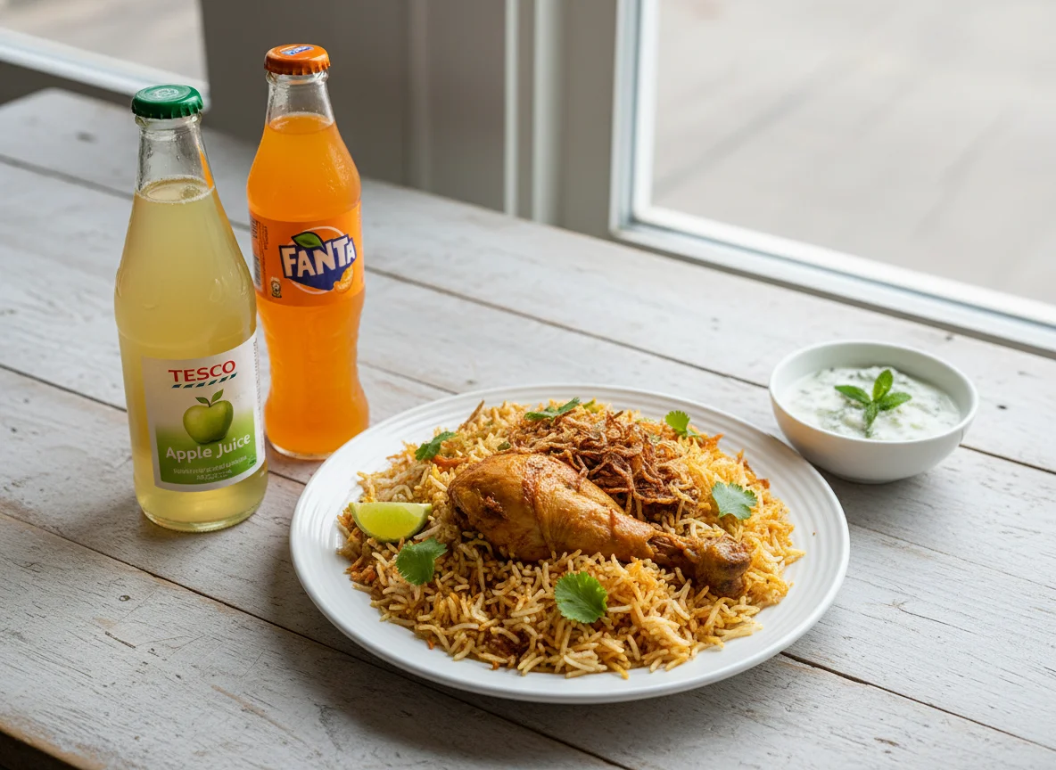 Chicken Biryani with Apple Juice and Fanta photo