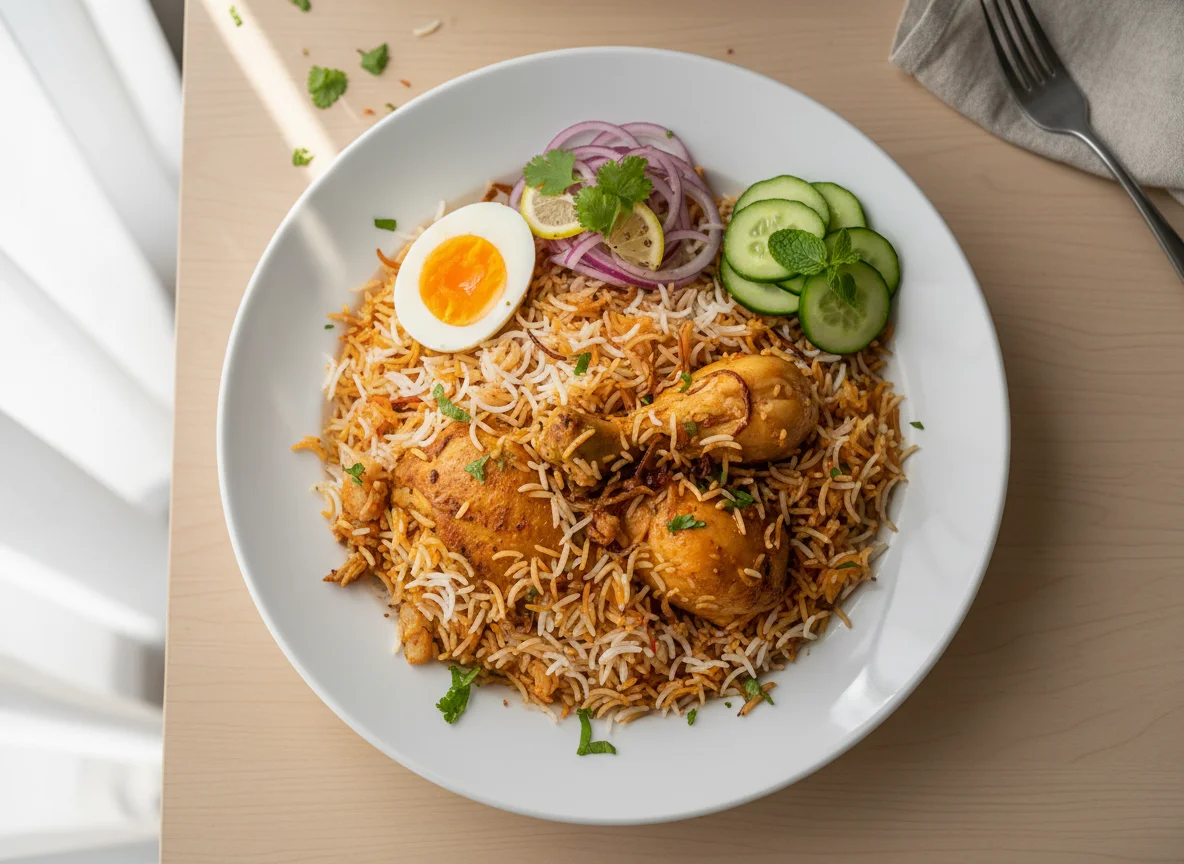 Chicken Biryani with Boiled Egg and Salad photo