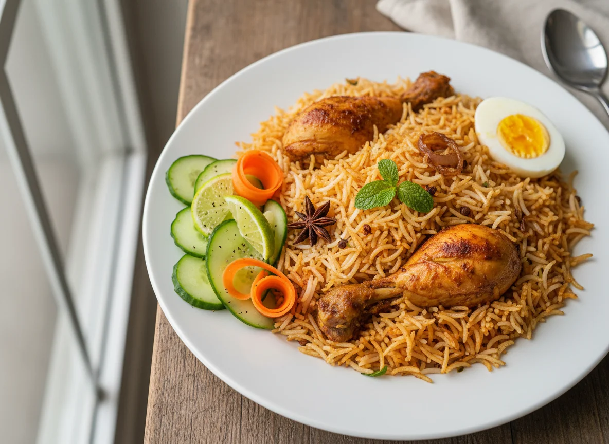 Chicken Biryani with Egg and Salad photo