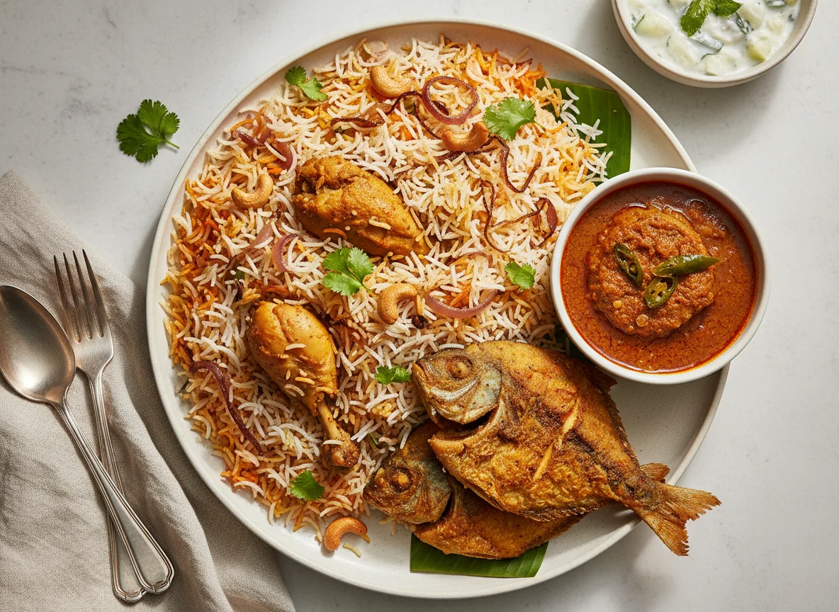 Chicken Biryani with Fish Fry and Gravy photo