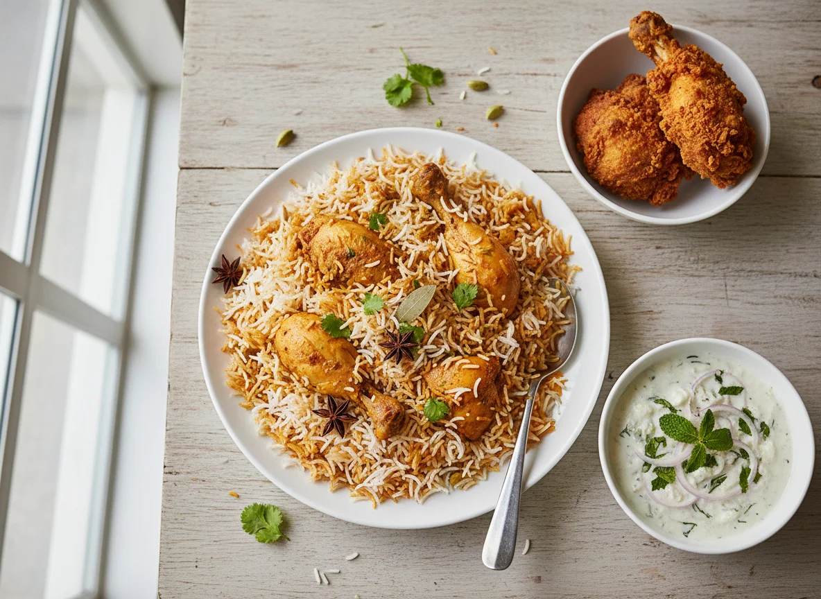 Chicken Biryani with Fried Chicken and Raita photo