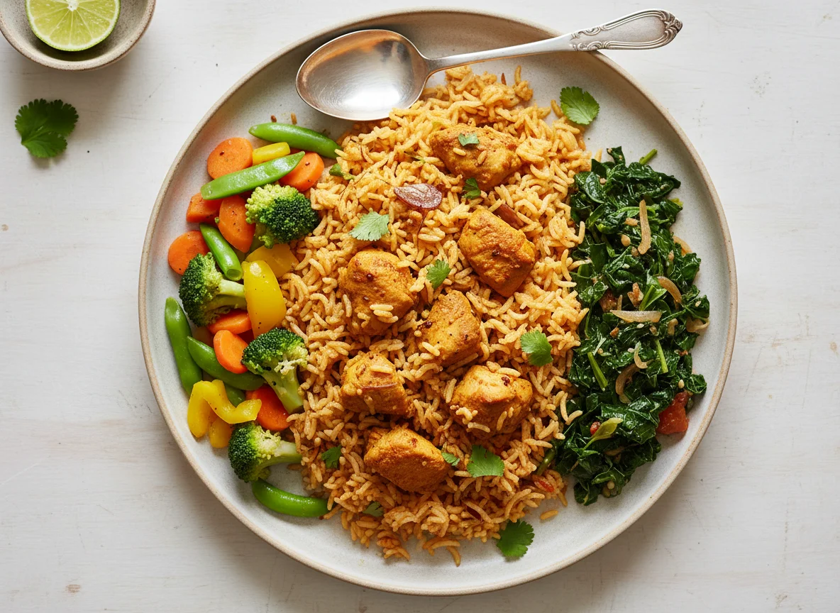 Chicken Biryani with Mixed Vegetables and Sukuma Wiki photo