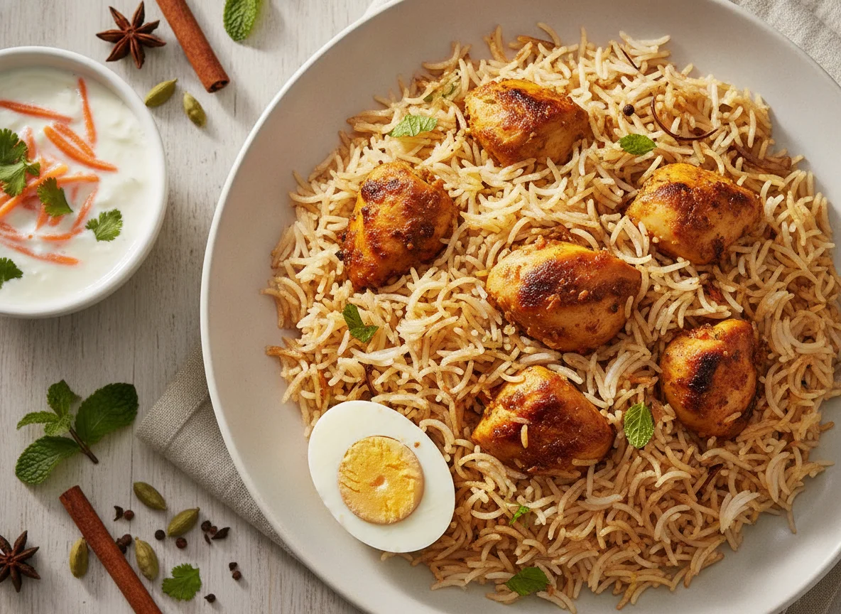 Chicken Biryani with Raita and Boiled Egg photo
