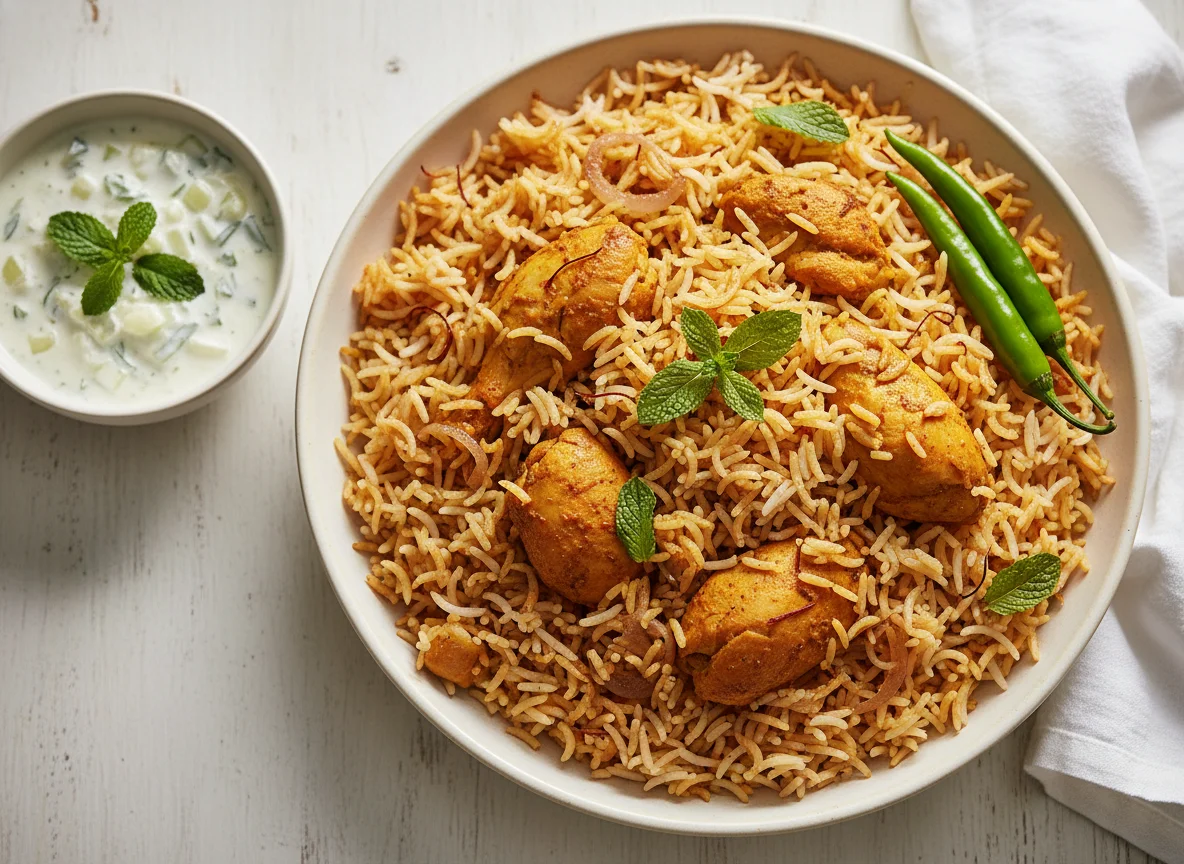 Chicken Biryani with Raita and Green Chillies photo