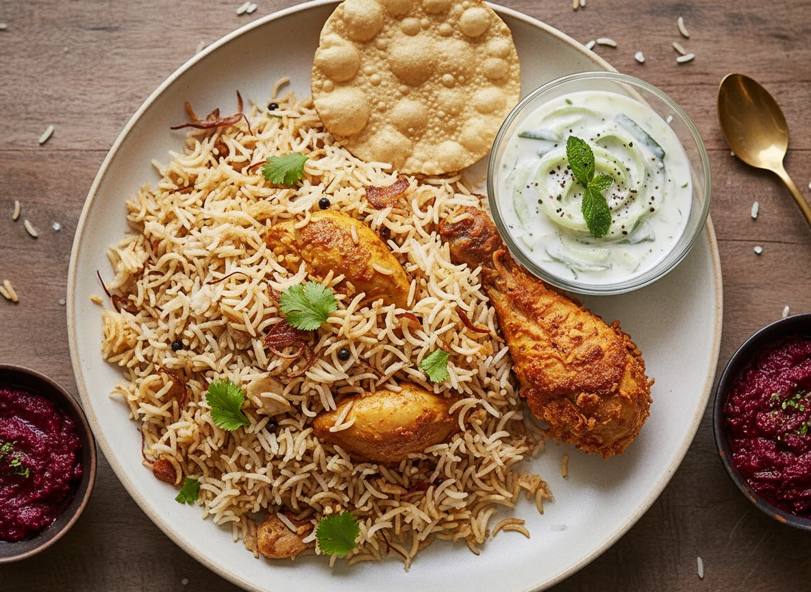 Chicken Biryani with Raita, Fried Chicken and Poppadom photo