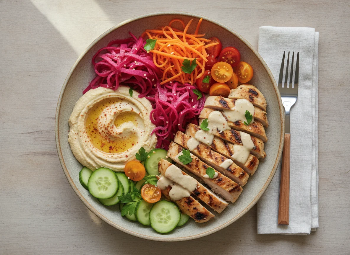 Chicken Bowl with Hummus and Vegetables photo
