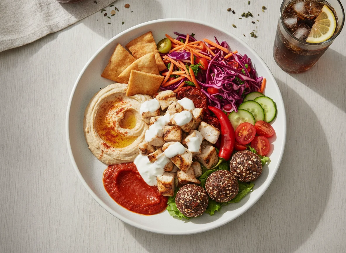 Chicken Bowl with Hummus, Pickles, and Energy Balls photo