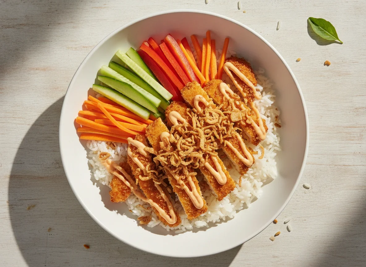 Chicken Bowl with Vegetables and Fried Onions photo