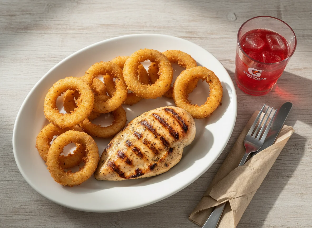 Chicken Breast and Onion Rings Meal with Gatorade photo