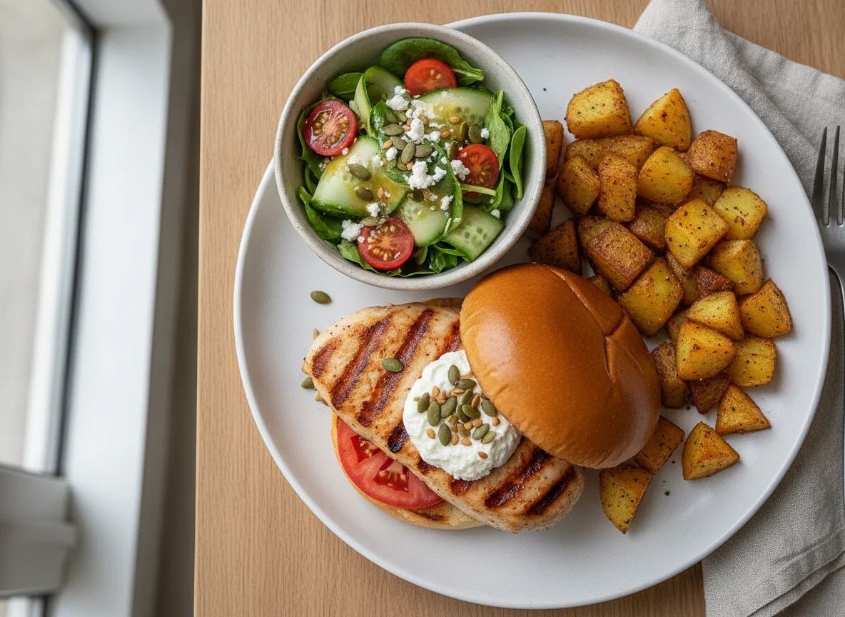 Chicken breast burger with side salad and roasted potatoes photo