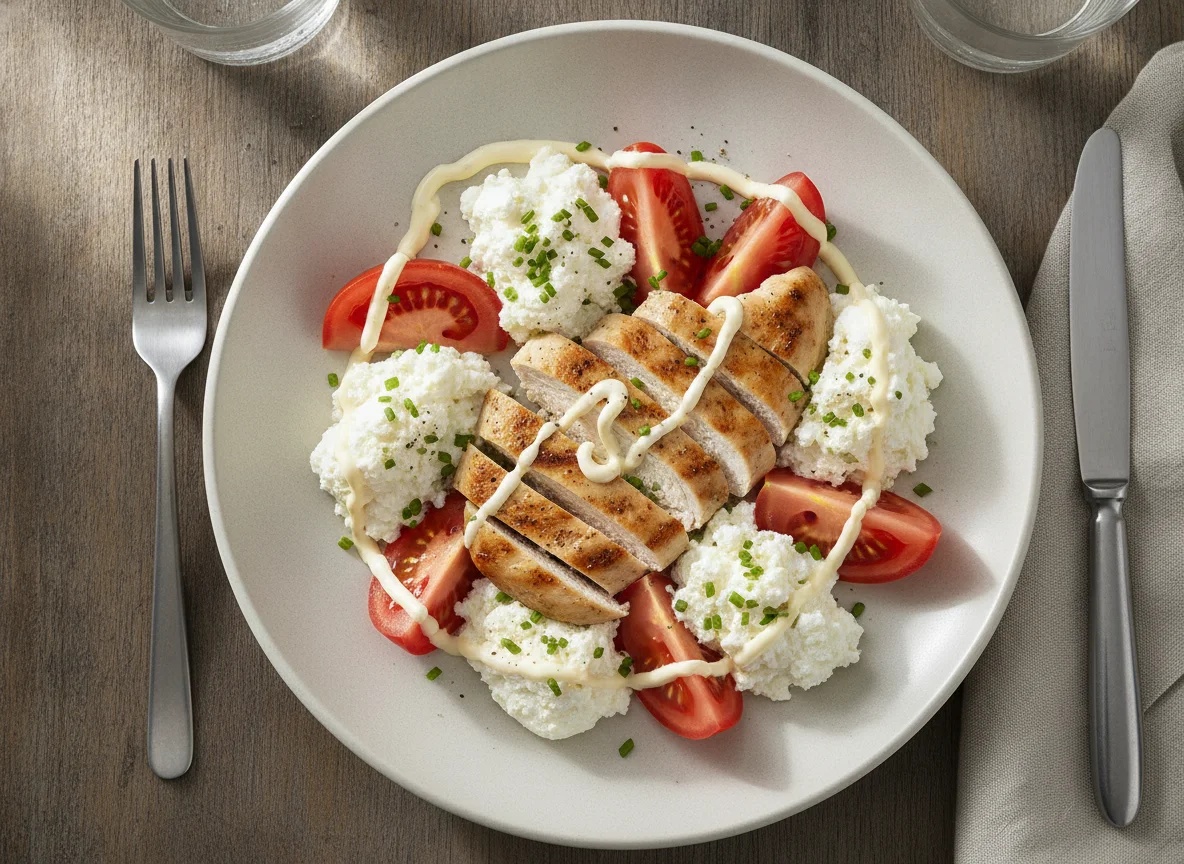 Chicken breast salad with cottage cheese and tomato photo